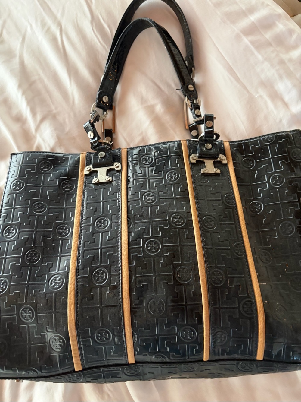 Tory Burch Embossed Black Tote with Tan Stripe Accents